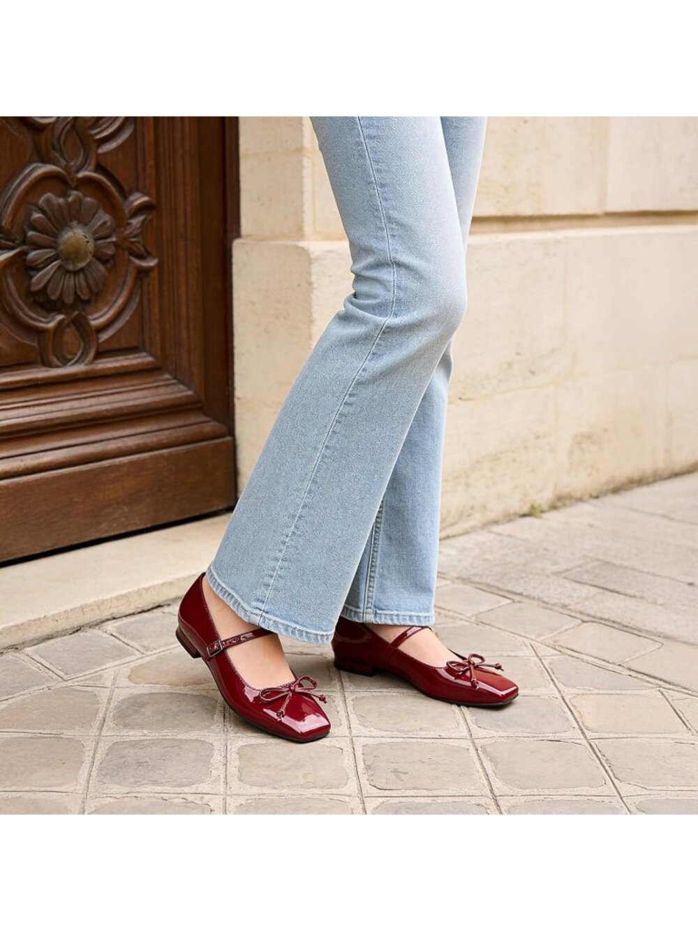 Women's Mary Jane Flats Square Wine Red Toe Ballet Flats Shoes with Buckle Strap - Picture 2 of 6